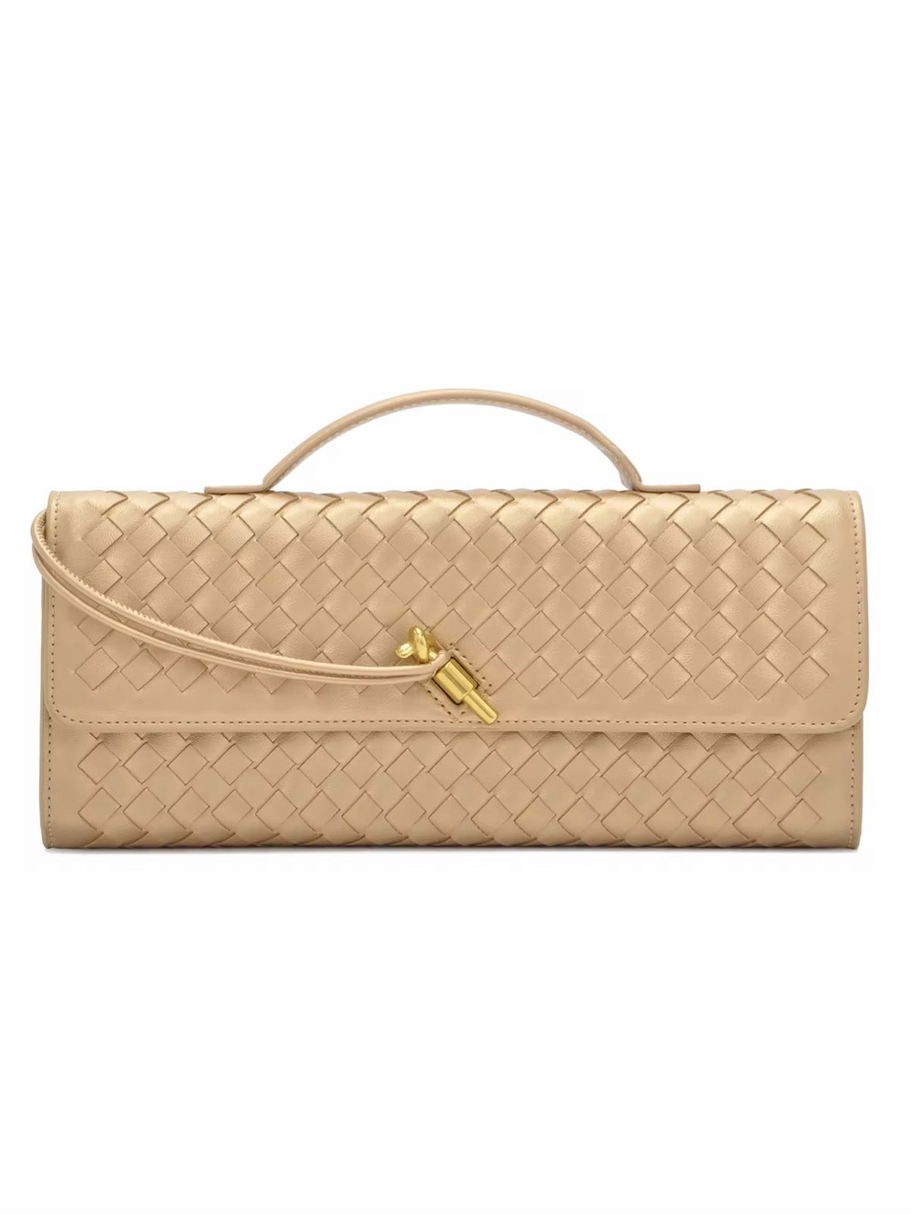 Woven Leather Top-Handle Clutch in champagne